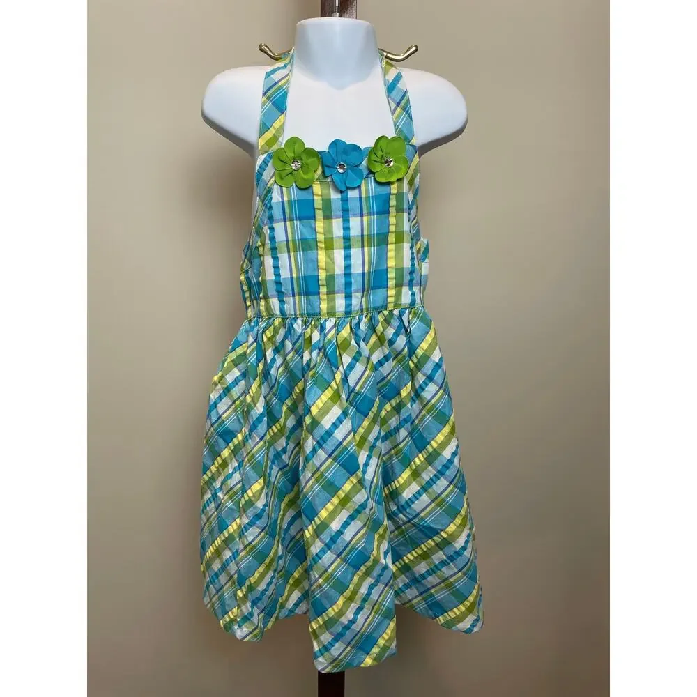 Gymboree Girls 6 Plaid Halter Dress Blue Green Flower Rhinestone Lined
